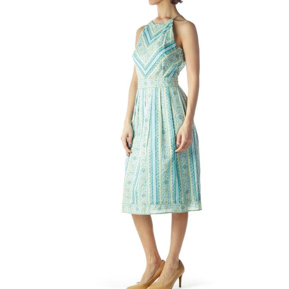 Ann Taylor Halter Midi Dress Sz 8 Petite Blue Green Paisley Floral Stripe Retro - Picture 13 of 13